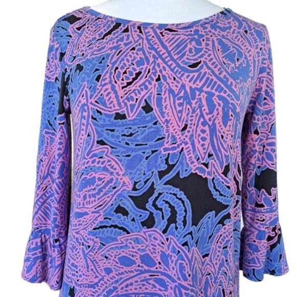 TORI RICHARD Lana Ruffle Sleeve Jersey Shift Mini Dress Small Pink Periwinkle - Picture 2 of 10